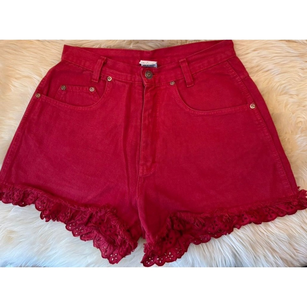 Vintage 90s High Waisted Denim Red Shorts size 11 28" Eyelet Trim Daisy Dukes
